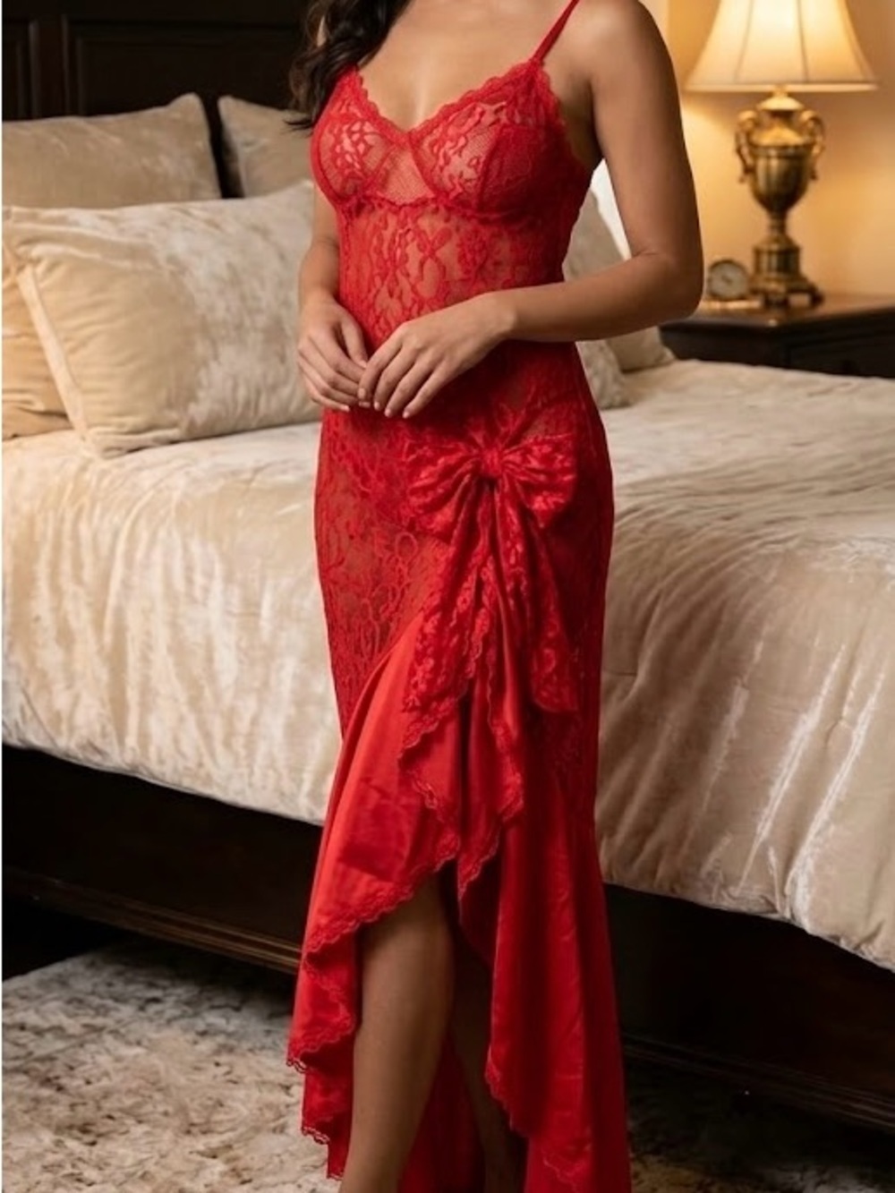 VTG UndercoverWear Red Lace High-Low Nightgown Side Bow Coquette Romantic